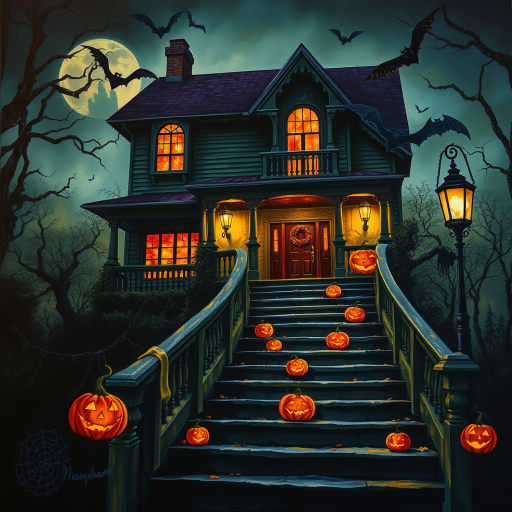 airbrushed oil painting, halloween theme, a haunted house, stairs, highly decorated, illuminated, lanterns, jack o'lantern, bats, webcobs