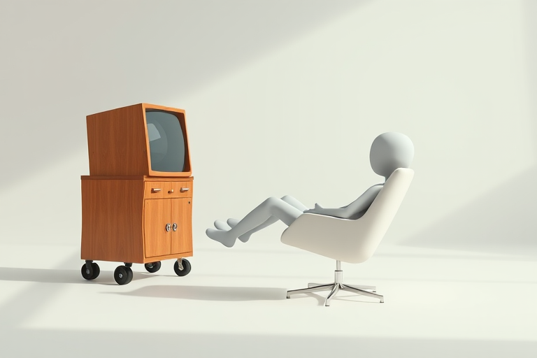 A minimalist 3D rendering of a stylized humanoid figure relaxing in a modern chair facing an old-fashioned wooden television on a wheeled cart, shot with a Canon EOS R5, 35mm lens, f/2.8 aperture, ISO 100, in a bright, well-lit studio setting with soft shadows for depth.