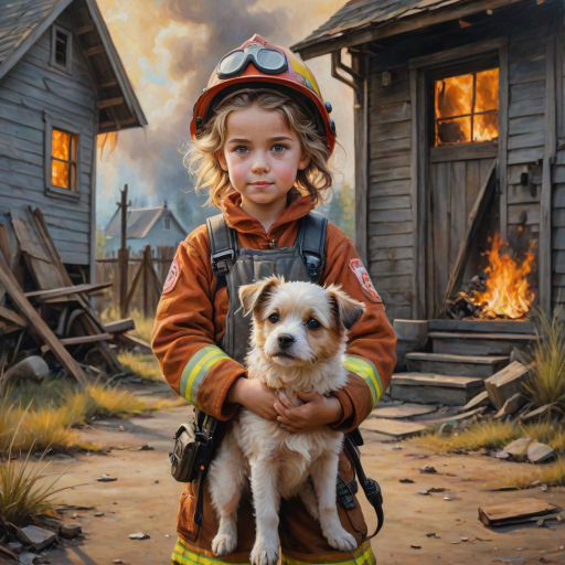 airbrushed oil painting, pixar style, cute little girl in fireman gear, helmet, tousled hair, expressive eyes, standing in the doorstep of a cottage burning behind him, holding a cute little dog in her arm, atumn sky