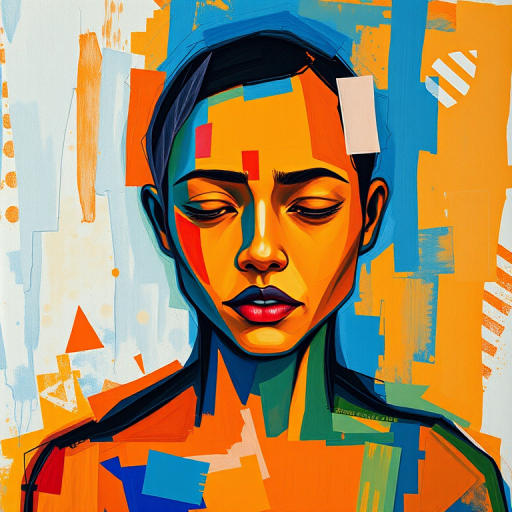 Create a vibrant abstract painting of a figure with a blended color palette of orange and blue, featuring geometric shapes that convey emotion, captured using a DSLR camera, 50mm lens, f/1.8 aperture, ISO 200, natural lighting, shallow depth of field.