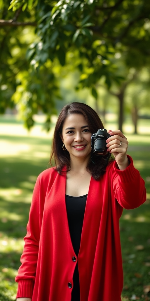 Regenerate an image of a woman taking a selfie in a lush green park, wearing a long red cardigan over a black top, with soft natural lighting, using a DSLR camera at 50mm focal length, aperture f/2.8, shutter speed 1/200s, and ISO 100, capturing a shallow depth of field for a blurred background.