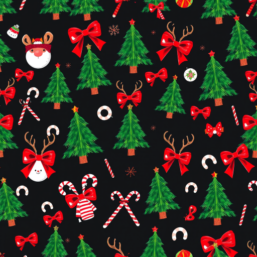 Create a seamless pattern of Christmas elements including Christmas trees, red bows, reindeer heads, and candy canes on a dark background, taken with a DSLR camera at f/4 aperture, ISO 100, 50mm lens, with a macro view for vibrant colors and sharp details.