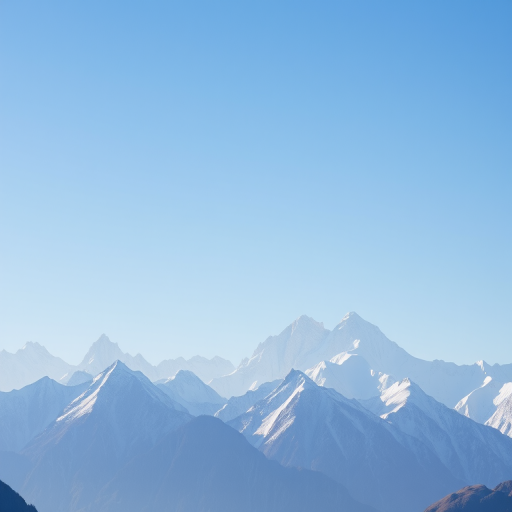 majestic snow-capped mountains under a clear blue sky, shot with a DSLR camera, 50mm lens, f/11 aperture, ISO 100, shutter speed 1/250s, high dynamic range, focus on the mountain peaks with a wide angle view for depth and clarity