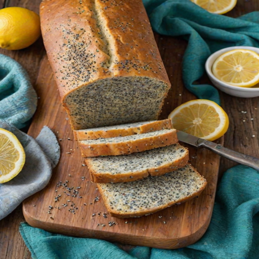 Generate an image of a freshly baked loaf of lemon poppy seed bread, sliced and arranged on a wooden cutting board. The background should feature a vibrant teal cloth and a small bowl of poppy seeds. Include a whole lemon and some lemon slices for decoration. The setting should feel warm and inviting, with soft lighting highlighting the texture of the bread.