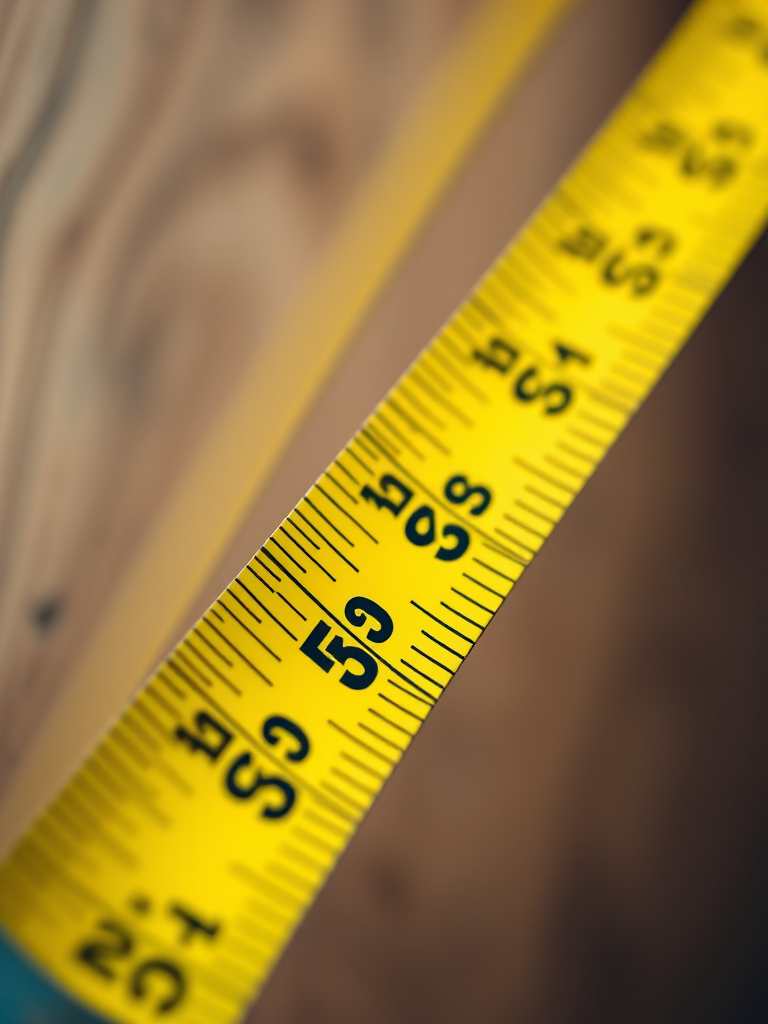 Create a high-resolution image of a yellow tape measure, focus on the tape being extended, use a macro lens, aperture f/2.8, ISO 100, shutter speed 1/200s, top-down view with a soft focus background for enhanced depth of field.