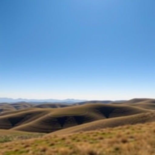 Generate a high-resolution image of a serene landscape with rolling hills under a bright blue sky, captured using a DSLR camera with a 50mm lens at f/4, ISO 100, and a shutter speed of 1/200 sec, from a slightly elevated viewpoint to enhance depth.