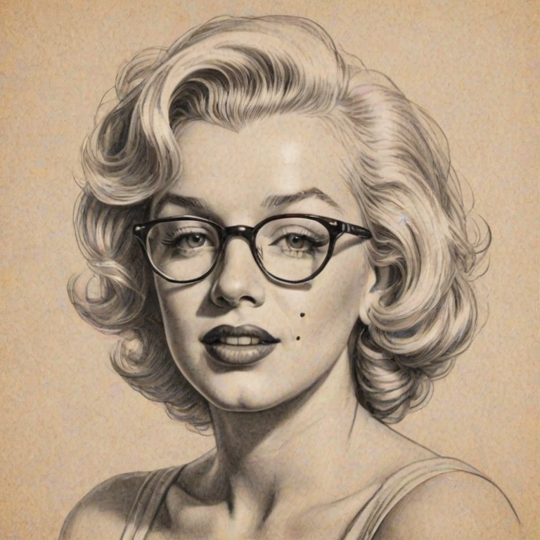 Fascinating Marilyn Monroe, pencil sketch, portrait of Elegant woman 1946s in glasses, hair style beatnik, outline, clear lines, fine lines, 8k
