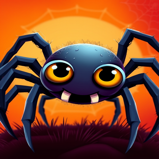 Create a vibrant Halloween-themed illustration featuring playful spider characters and large cartoonish eyes against a gradient orange and red background with soft web patterns, using a DSLR camera with a 50mm lens at f/1.8, ISO 100, and a shallow depth of field for enhanced detail.