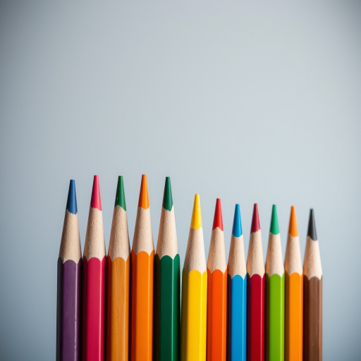 Create a highly detailed and vibrant image of a row of colored pencils arranged in a straight line, with a shallow depth of field to emphasize the colors, using a DSLR camera with a 50mm lens, aperture set to f/2.8, ISO 100, and shot from a slightly elevated angle to capture the tips of the pencils against a soft, blurred background.