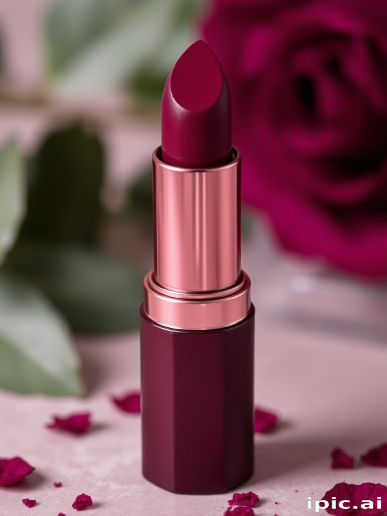 Deep plum satin lipstick "Velvet Twilight" with a creamy texture and rich color payoff, ideal for sophisticated evening looks and fall makeup, infused with nourishing ingredients