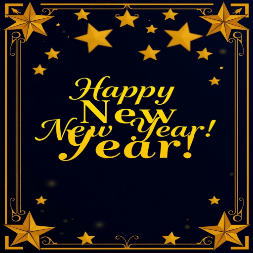 Create a festive New Year greeting card with a dark navy background featuring golden stars and a decorative border, text in elegant art deco font saying "Happy New Year!" captured with a DSLR camera at f/2.8, ISO 100, 50mm lens, soft focus background, and high dynamic range for vibrant colors.