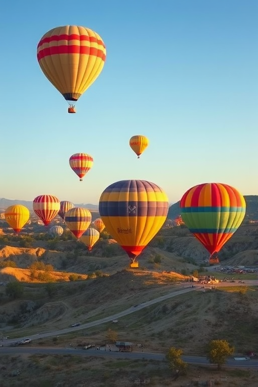 Create a high-resolution digital illustration of a serene landscape with colorful hot air balloons floating in a clear blue sky, featuring a slight gradient in the background, using a Canon EOS R5 with a 24-70mm lens at f/8, 1/250s, ISO 100, wide-angle view and vibrant color processing for enhanced clarity and depth.