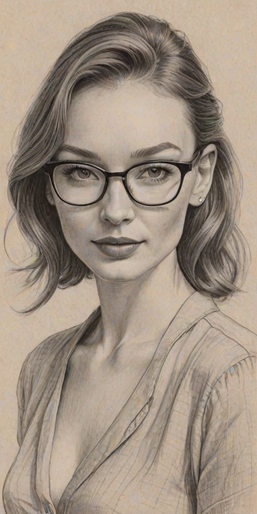Splendid Eleanor Tomlinson, pencil sketch, portrait of Enticing woman 1944s in glasses, hair style beatnik, outline, clear lines, fine lines, 8k
