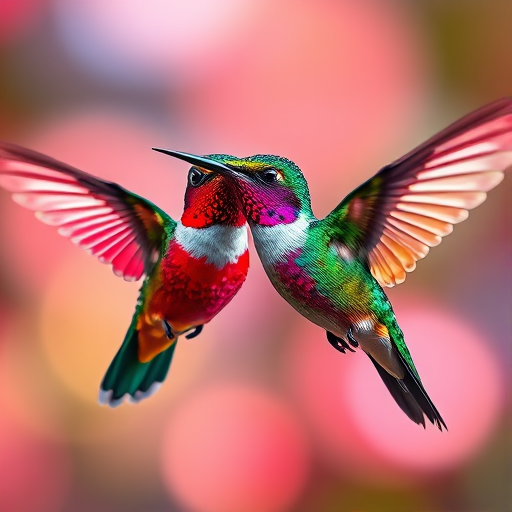 Create a vibrant illustration of two colorful hummingbirds in flight, focus on vivid reds, greens, and blues, using a Canon EOS R5, f/2.8 aperture, 1/500 sec shutter speed, ISO 100, shot from a low angle for a dramatic perspective, in high-resolution digital art style.