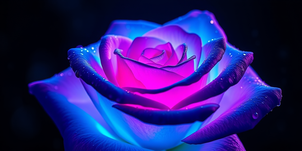 Create a high-resolution image of a cosmic rose with vibrant blue and pink hues, petals radiating starlight and surrounded by floating droplets, captured with a Canon EOS R5 at f/1.8, ISO 100, 50mm lens, using a macro style and a dramatic backlighting effect.