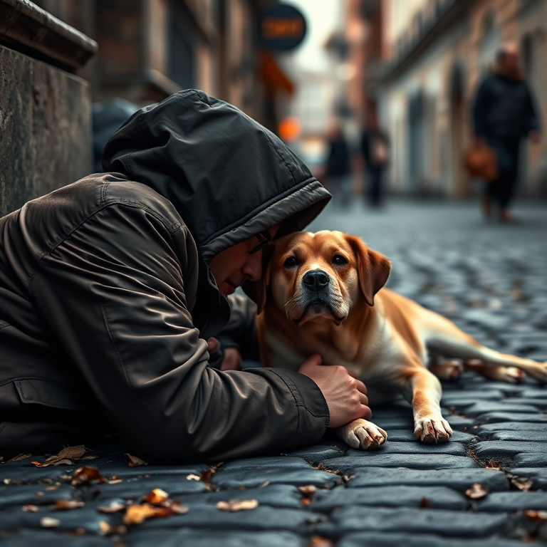Generate an image of a person in a hooded jacket lying on the ground next to a dog, set against a cobblestone street, with a shallow depth of field, using a DSLR camera with a 50mm lens at f/2.8, ISO 200, and a soft focus effect to enhance the emotional atmosphere.