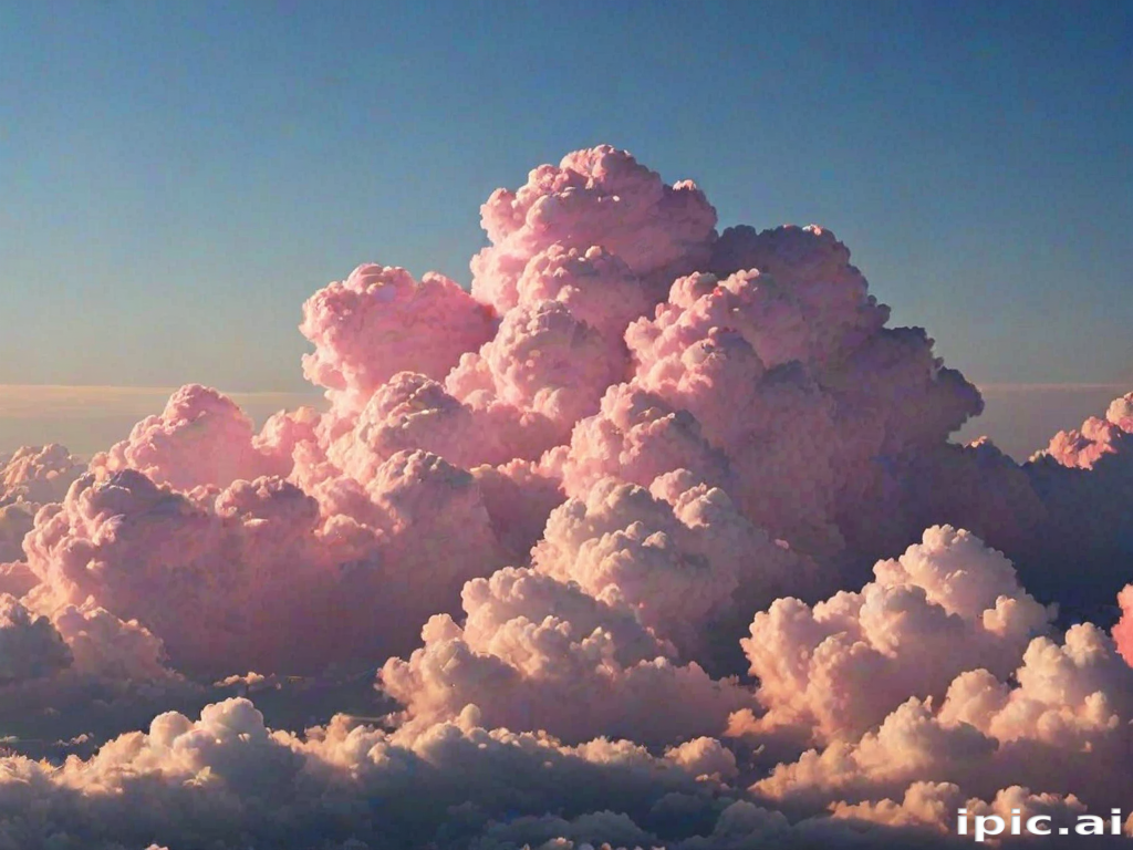 Fluffy Pink Clouds Bathed in Soft Light Against a Clear Blue Sky