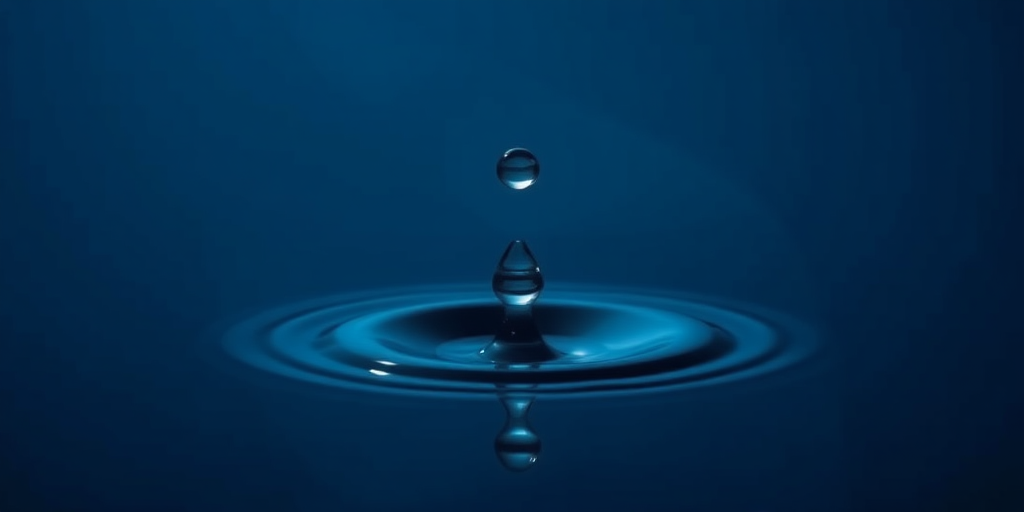 Create a minimalistic illustration of a water droplet, using a DSLR camera with a 50mm lens, aperture f/2.8, ISO 100, shot from a straight-on perspective with high contrast lighting for enhanced clarity and detail.
