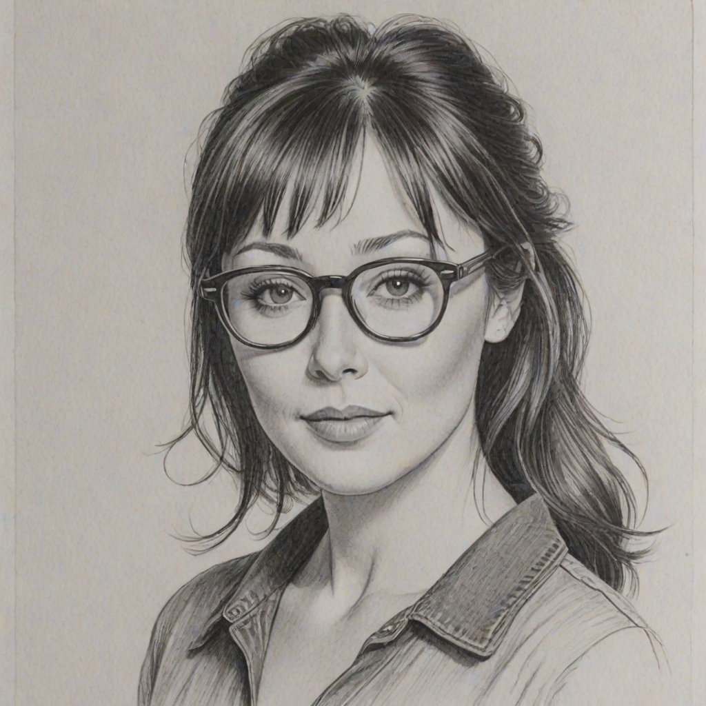 Splendid Shannen Doherty, pencil sketch, portrait of Elegant woman 1963s in glasses, hair style beatnik, outline, clear lines, fine lines, 8k