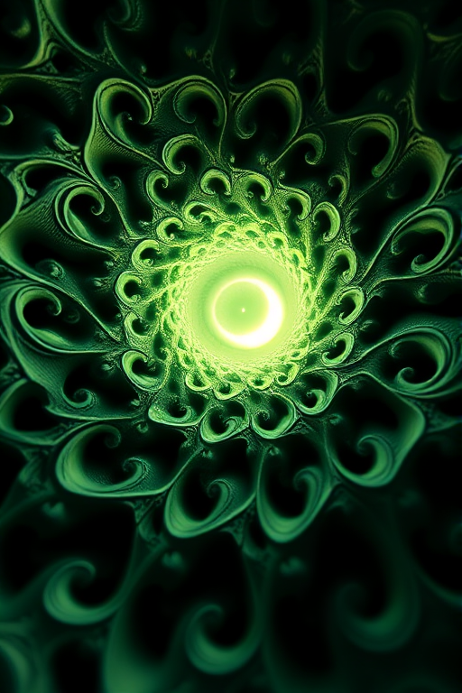 Generate a high-resolution 3D fractal design with intricate details and deep green tones, illuminated by a soft glowing light at the center, shot with a DSLR camera, 50mm lens, f/1.8 aperture, ISO 200, and a low-angle view to emphasize the depth and structure.