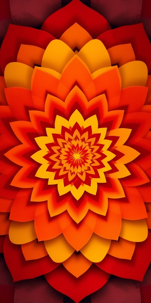 Create a vibrant geometric pattern with intricate layers of red, yellow, and orange shapes forming a spiral design, using a DSLR camera with a 50mm lens, aperture set to f/2.8, ISO 100, shot from a top-down view.
