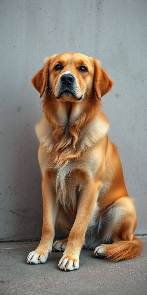 A golden retriever mix sitting gracefully against a textured wall, soft natural lighting, shallow depth of field, aperture f/2.8, ISO 200, 50mm lens, DSLR camera, slight HDR effect to enhance colors and details.
