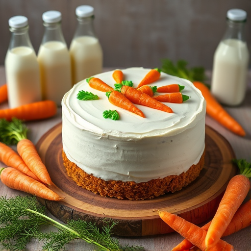 A beautifully decorated carrot cake on a wooden board with orange and green carrot decorations on the white frosting surrounded by fresh carrots and a few bottles of milk in the background.
