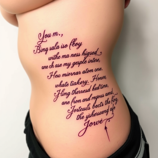 Elegant script body tattoo of meaningful quotes flowing along the ribcage, written in beautiful calligraphy with flourishes and embellishments in deep burgundy ink