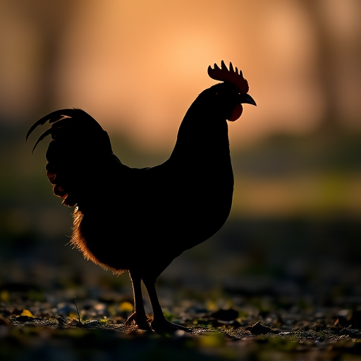 Regenerate a detailed silhouette of a chicken standing on the ground, captured using a DSLR camera at f/5.6 aperture, ISO 100, with a shallow depth of field and natural lighting.