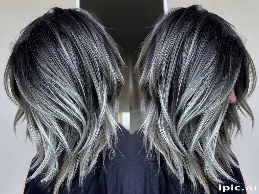 Smoky charcoal grey hair forms the base of the edgy "Storm Cloud" style. The long, layered cut features wispy, feathered ends that create movement and texture. Silver and white highlights throughout mimic flashes of lightning, while the overall look is styled in tousled, windswept waves for a dramatic, weather-inspired effect.