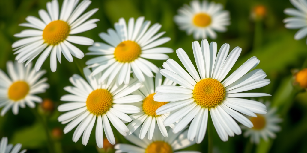 Close-up shot of white daisies with yellow centers in a bright green background, aperture f/2.8, ISO 100, shutter speed 1/250s, macro lens, natural light, DSLR camera.