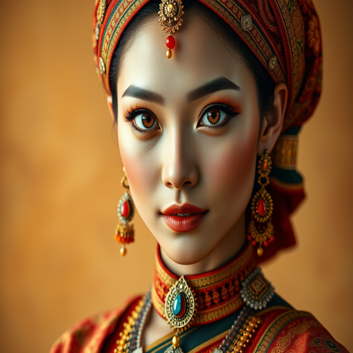 Create a portrait of a beautiful Thai woman with striking orange eyes and a gentle expression. She is adorned in traditional attire with intricate patterns, including a richly embroidered headscarf and matching garments. Her jewelry includes a delicate headpiece, dangling earrings, and ornate bracelets, all featuring vibrant gemstones and detailed metalwork. The background is soft and warm, enhancing the rich colors of her outfit and jewelry.