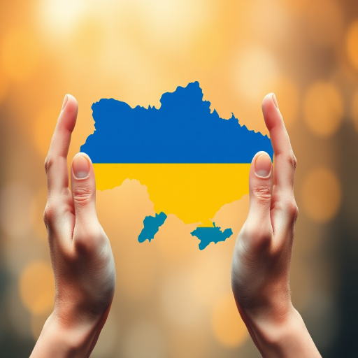 Create a digital illustration of a stylized map of Ukraine in blue and yellow with a heart shape in the center, supported by two hands, focus on high contrast and vibrant colors, use a Canon EOS R5 with 50mm lens, aperture f/1.8, ISO 100, and a soft focus effect for background depth.