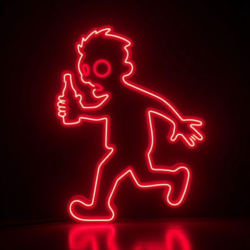 Create an image of a neon sign featuring a cartoon-style zombie in a dynamic pose, holding a bottle. The neon sign should glow in red against a dark background, making the character stand out prominently. The character should appear to be running, capturing attention with its vibrant color and action pose, perfect for advertising or decorative purposes.