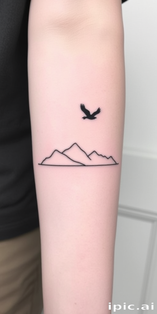 Minimalist single-line tattoo called "Infinite Journey" consisting of a continuous, unbroken line that forms the silhouette of a mountain range, bird in flight, and crashing wave, creating a fluid and elegant design that tells a story through simplicity