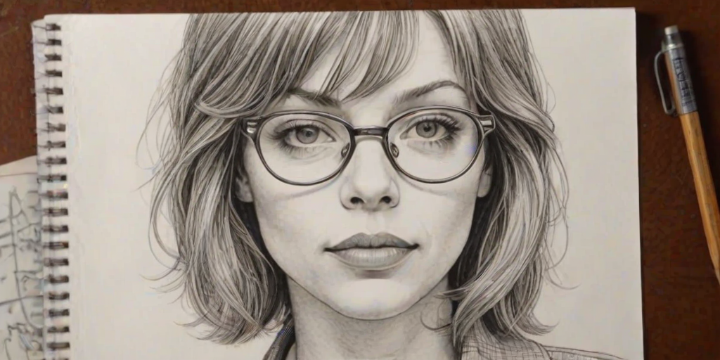 Charming Amber Benson, pencil sketch, portrait of Delightful woman 1978s in glasses, hair style beatnik, outline, clear lines, fine lines, 8k