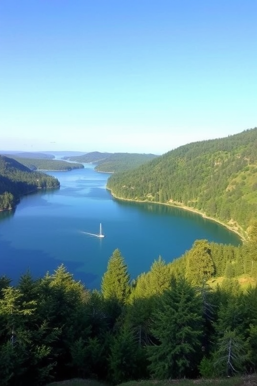Create a high-resolution image of a serene landscape featuring a tranquil lake surrounded by lush greenery under a clear blue sky, shot with a DSLR camera, aperture f/8, ISO 100, 24mm focal length, and utilizing a wide-angle lens to capture the expansive view.