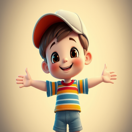Create a colorful cartoon character of a boy with a cap, arms outstretched, wearing a striped shirt and shorts, shot with a 50mm lens at f/2.8, ISO 100, with a soft focus background to enhance image quality, using a digital camera in portrait mode.