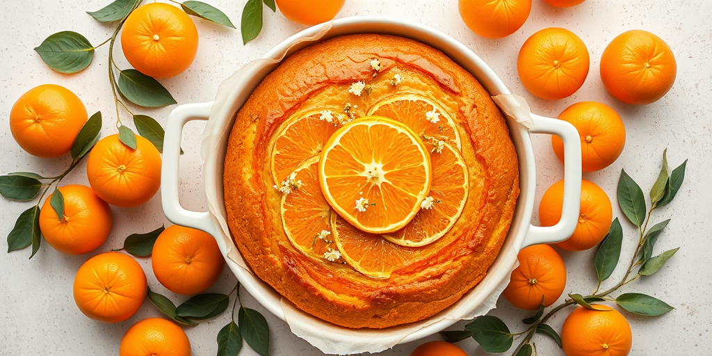 A round orange cake topped with orange slices and small white flowers in a white baking dish lined with parchment paper surrounded by fresh oranges and green leaves on a light textured surface.