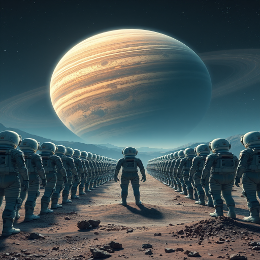a surreal scene of a vast row of astronauts in futuristic suits standing on a cosmic landscape with a massive ringed planet in the background, high detail, vibrant colors, shot with a Canon EOS R5, 24mm lens, f/8 aperture, ISO 100, 1/125 seconds, wide-angle view to capture depth and grandeur
