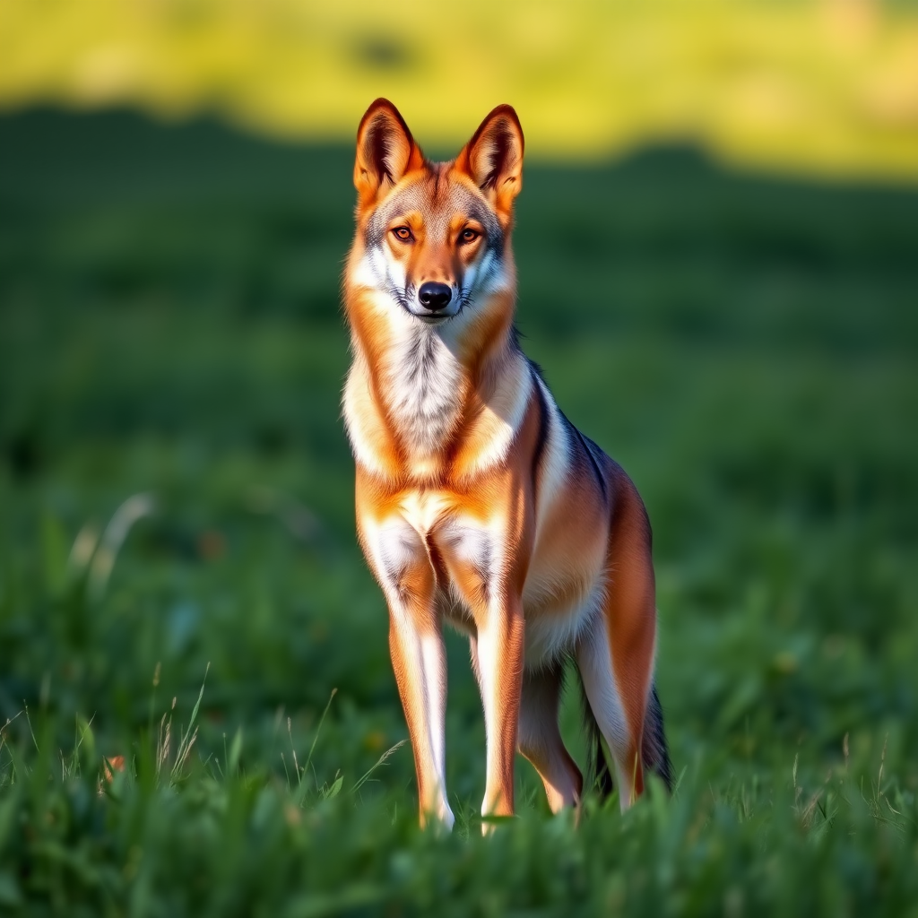 A tall, elegant maned wolf standing in a lush green field, captured with a DSLR camera at f/4, ISO 200, 1/250 sec, using a 50mm lens, in natural light for enhanced detail and clarity.