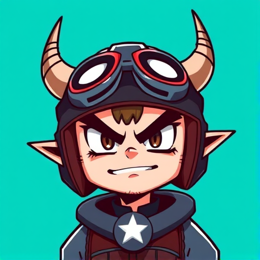 Generate a high-resolution illustration of a stylized character with a strong expression, wearing a helmet and goggles, featuring sharp horns and a star emblem, against a vibrant teal background, using a DSLR camera with a 50mm lens, f/1.8 aperture, ISO 200, soft diffused lighting, and a slight vignette effect.