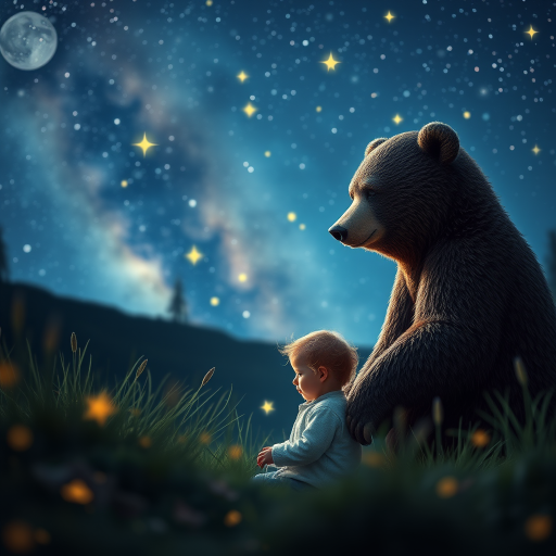 Create an enchanting night scene featuring a bear and a child, surrounded by shimmering stars and a galaxy backdrop, captured using a Canon EOS R, 35mm lens, f/2.8 aperture, ISO 100, soft focus, vignette effect for a magical ambiance.