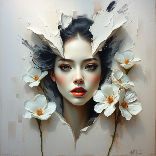 An ethereal woman emerges from a textured canvas, a modern abstract portrait shrouded in delicate mystery. Bold, expressive brush strokes, dynamic interplay of light and shadow. whites and creams, sense of purity and timelessness. Floral motifs bloom around her