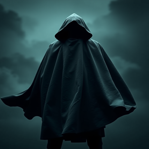 Generate a high-resolution image of a cloaked figure standing with a flowing cape, shot in a dramatic low-angle view, using a DSLR camera set to f/2.8 aperture, ISO 100, and 1/250 shutter speed.
