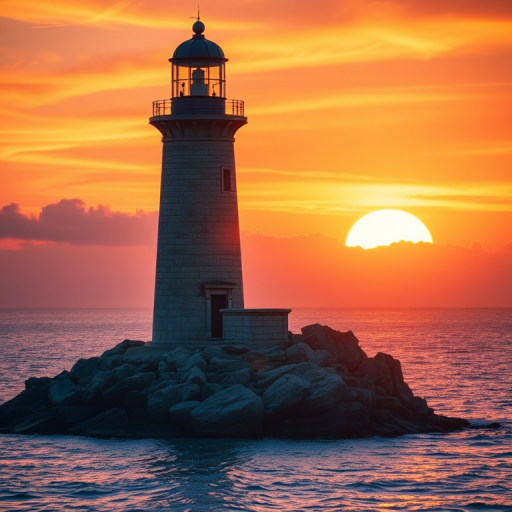 Generate an image of a tall lighthouse perched on a rocky outcrop surrounded by calm ocean waters during a breathtaking sunset. The lighthouse stands sturdy and weathered, its stone surface illuminated by the warm golden light of the setting sun. The sun's rays pass directly through the glass lantern room at the top of the lighthouse, casting a brilliant light across the scene. The sky is painted with vibrant shades of orange, pink, and purple, reflecting off the tranquil sea. The surrounding water shimmers with the same warm hues, creating a serene and majestic atmosphere.