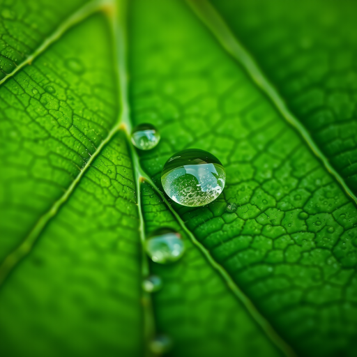 macro shot of a green leaf showing intricate vein patterns with water droplets using a Canon EOS 5D Mark IV, f/8 aperture, 1/60 shutter speed, ISO 200, natural light, depth of field focused on leaf texture