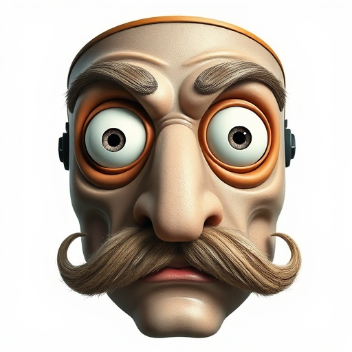 Create an illustration of a surreal mask with exaggerated features, focusing on large white eyes, a prominent nose, and a thick mustache, using a 50mm lens, f/2.8 aperture, 1/125 shutter speed, in a high-resolution digital format, shot in a well-lit studio setting to enhance details and colors.