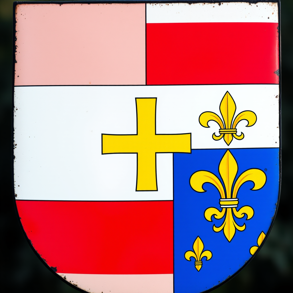 Create a high-resolution image of a heraldic shield quartered with red and white stripes, a central white field with a large yellow cross, and a blue field adorned with golden fleurs-de-lis, captured with a DSLR camera at f/8 aperture, ISO 100, 50mm lens, natural lighting, front view for enhanced clarity and detail.