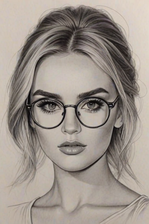 Ravishing Perrie Edwards, pencil sketch, portrait of Stunning woman 1972s in glasses, hair style beatnik, outline, clear lines, fine lines, 8k